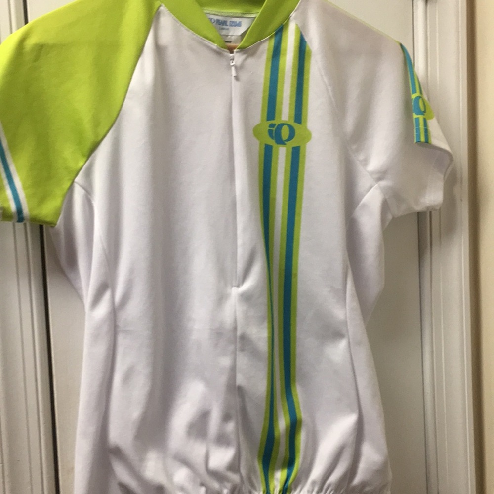 PEARL IZUMI  1/2-Zip White/Green Short Sleeve Biking Top Shirt Sz L Back Pockets
